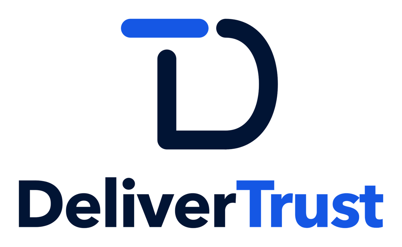 DeliverTrust Vertical logo, Navy + blue, solid white